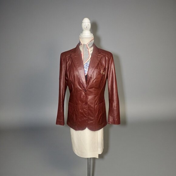 VTG Etienne Aigner Blazer Womens 14 Oxblood Leather 2-button Notch Collar Jacket - Picture 1 of 12